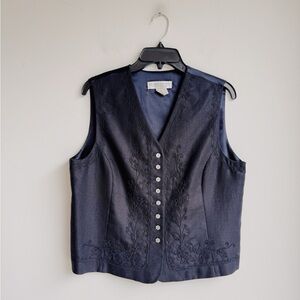 VINTAGE VALERIE STEVENS Navy Linen Embroidered Vest Size 12